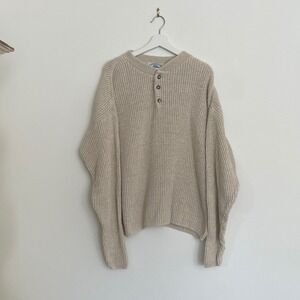 Hampton Bay Trading Company Henley Sweater XL Oatmeal Cotton Ribbed Knit USA